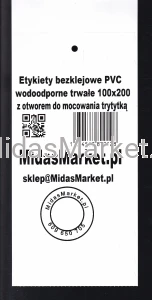 Etykiety PVC bezklejowe 100x200/200 wododoporne perforacja + otwór do mocowania trytytką